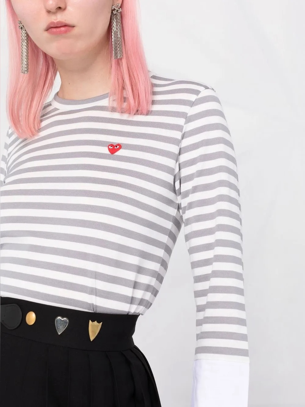 Comme des Garçons Striped Long-Sleeve Tee in Gray & White with Red Heart